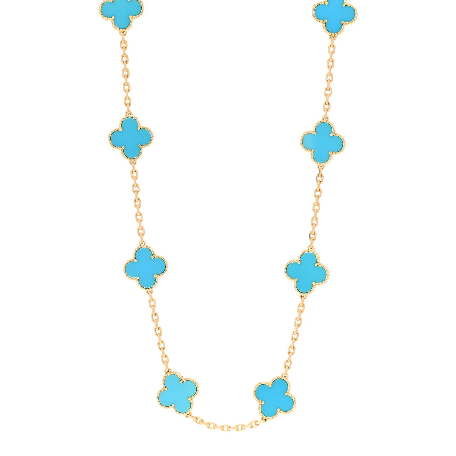 Van Cleef & Arpels 18K Yellow Gold Turquoise 20 Motifs Vintage Alhambra Necklace 1 of 7