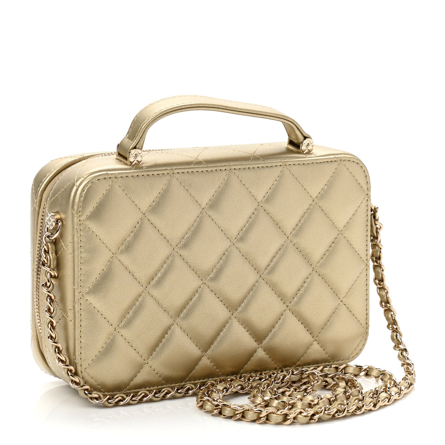 Metallic Lambskin Quilted Top Handle Vanity Case Gold
