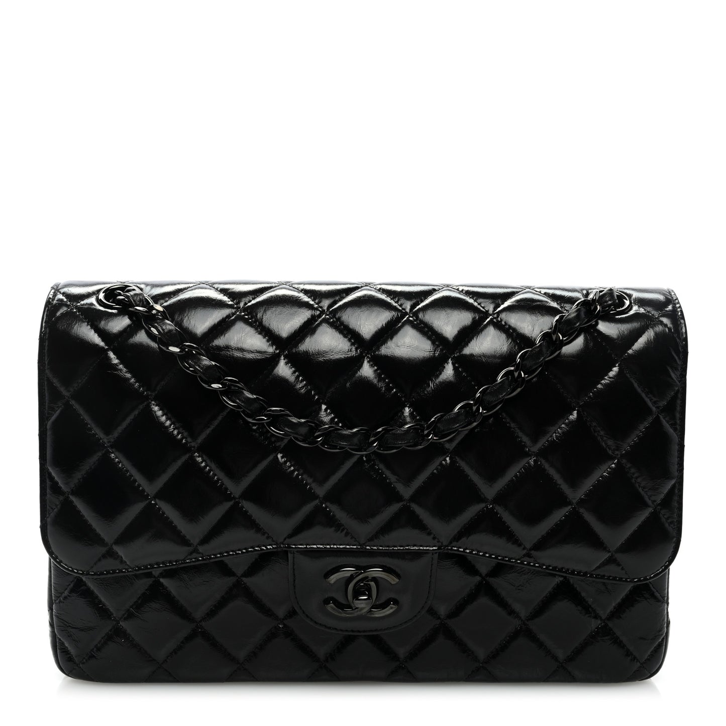 Shiny Distressed Calfskin Quilted Jumbo Double Flap So Black