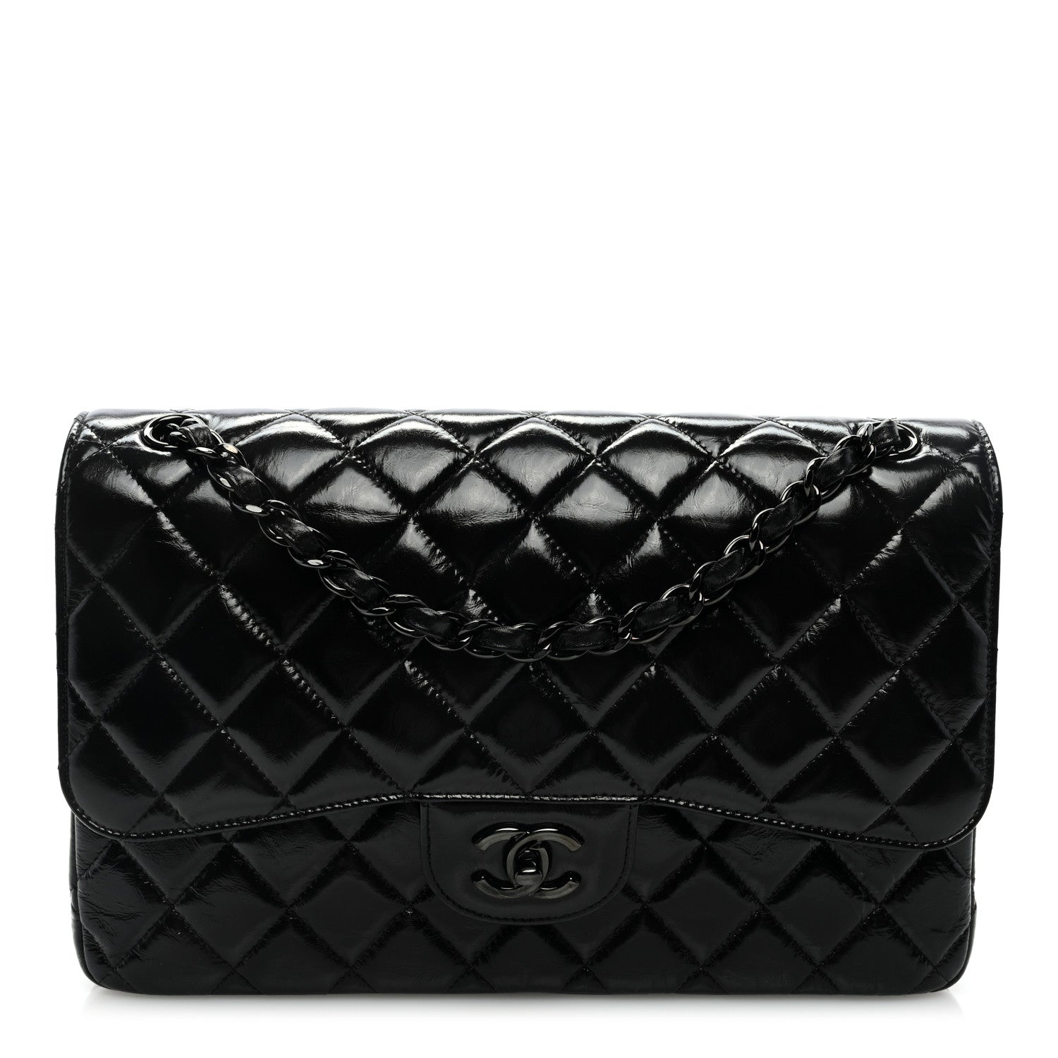 Chanel Shiny Distressed Calfskin Quilted Jumbo Double Flap So Black 1 of 9