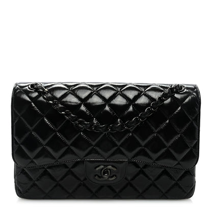 Chanel Shiny Distressed Calfskin Quilted Jumbo Double Flap So Black 1 of 9