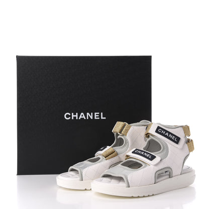 Chanel Goatskin Fabric Gladiator Sandals 36 White Light Grey Navy Blue 9 of 9