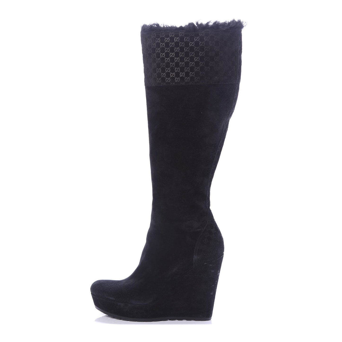 Suede Shearling Fur Microguccissima Courtney Tall Wedge Boots 38.5 Black