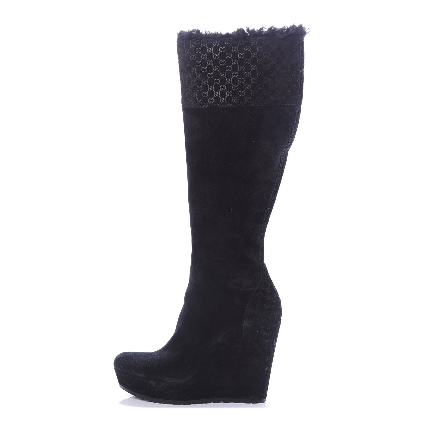 Gucci Suede Shearling Fur Microguccissima Courtney Tall Wedge Boots 38.5 Black 1 of 7