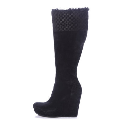 Gucci Suede Shearling Fur Microguccissima Courtney Tall Wedge Boots 38.5 Black 1 of 7