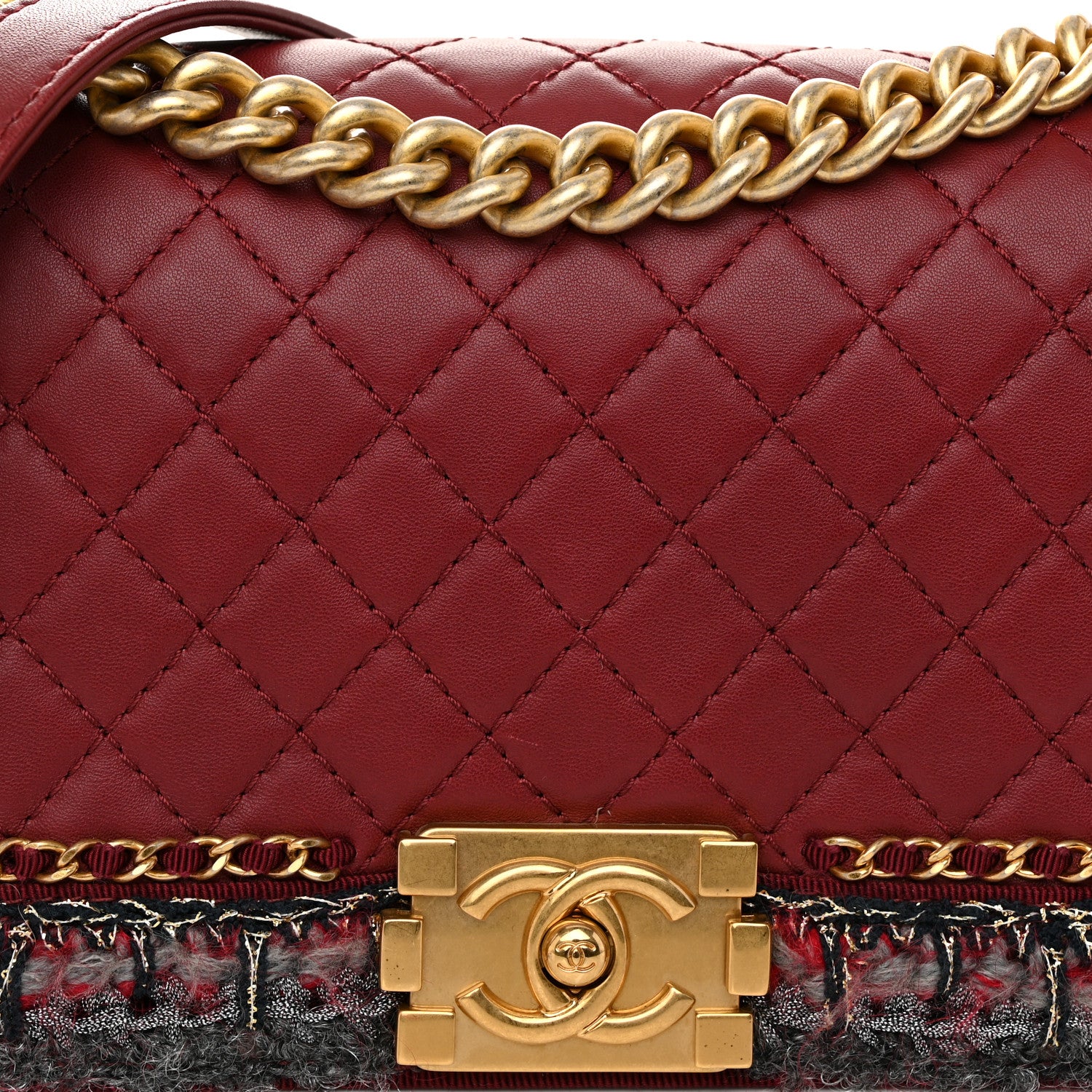 Chanel Tweed Lambskin Quilted Medium Braided Jacket Boy Flap Dark Red Grey 7 of 11