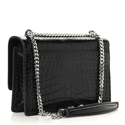 Saint Laurent Calfskin Crocodile Embossed Monogram Sunset Chain Wallet Black 3 of 8