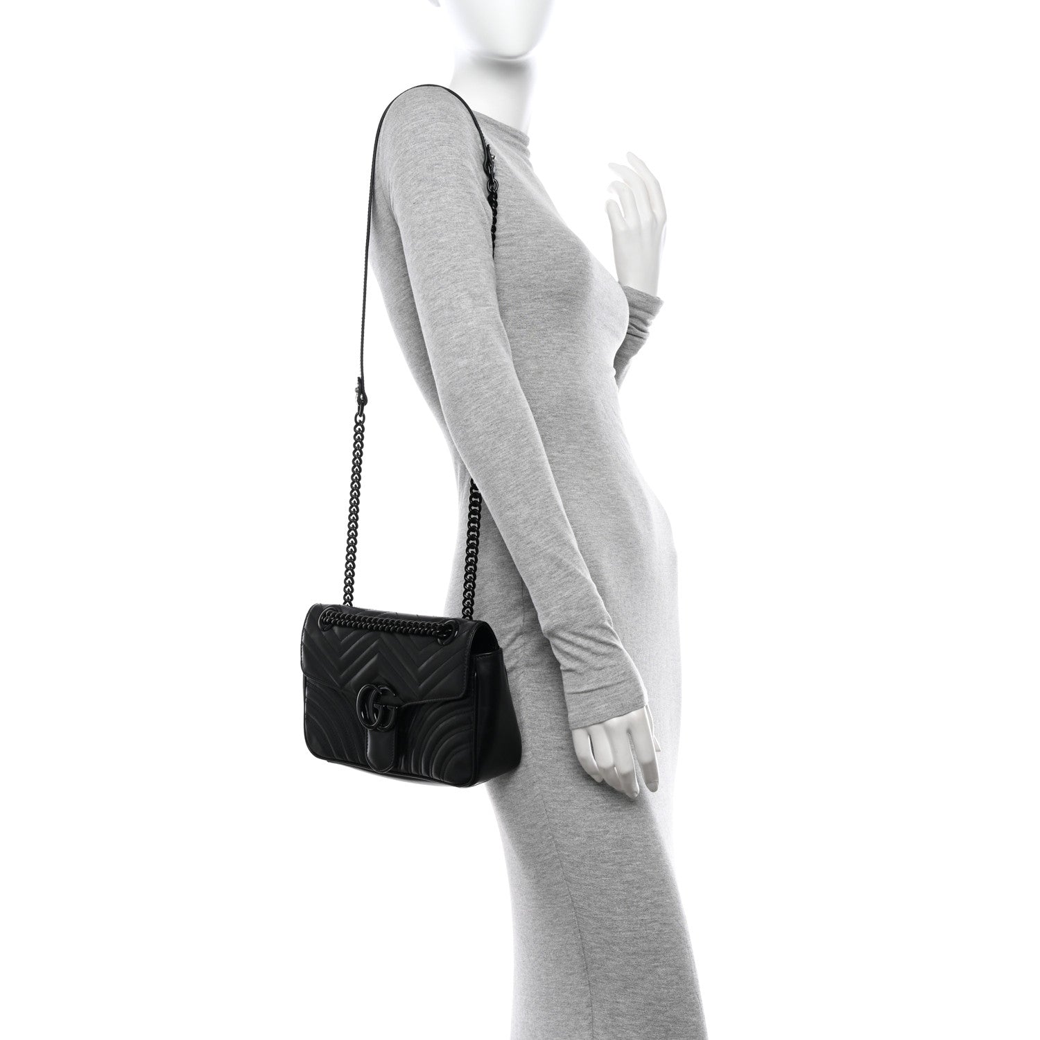 Gucci Calfskin Matelasse Monochrome Small GG Marmont Shoulder Bag Black 2 of 13