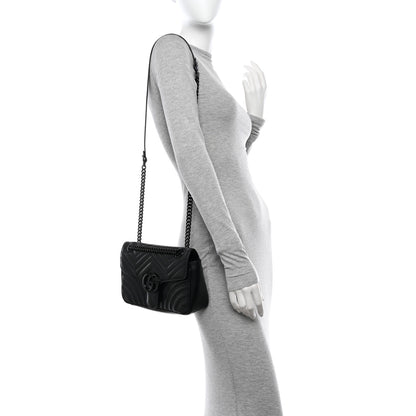Gucci Calfskin Matelasse Monochrome Small GG Marmont Shoulder Bag Black 2 of 13