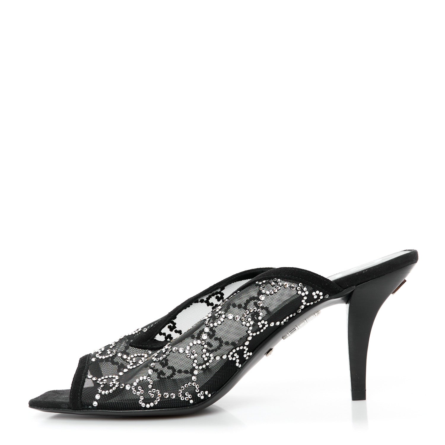 Gucci Tela Retino Kid Scamosciato Crystal GG Monogram Square G 95mm Slide Sandals 37 Black 1 of 9