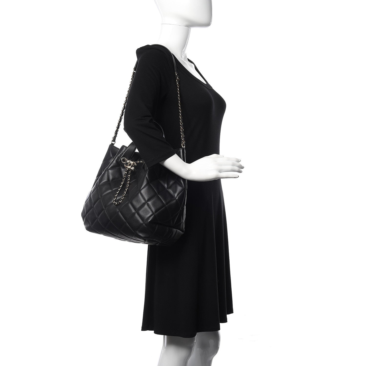 Chanel Lambskin Quilted CC Dweller Drawstring Tote Black 2 of 11