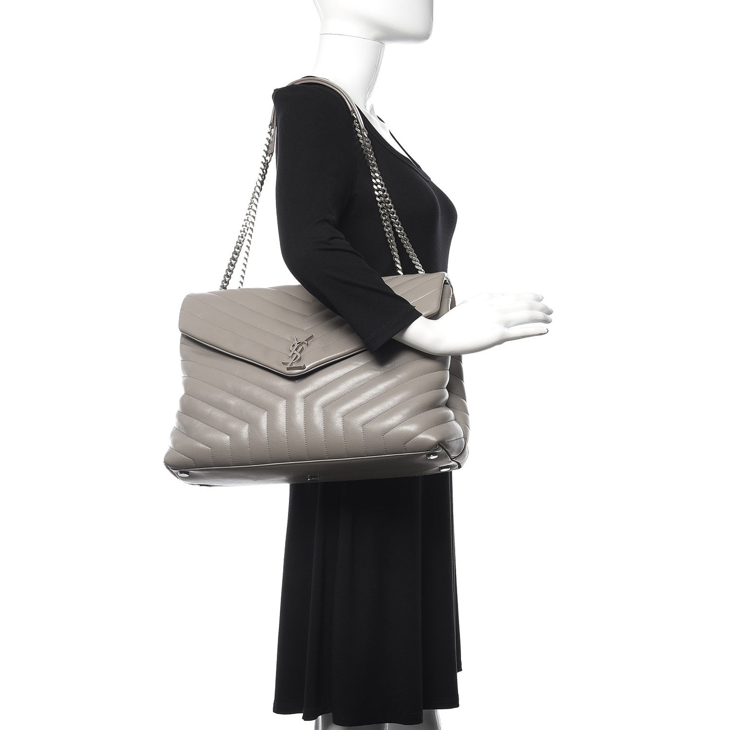 Calfskin Y Quilted Monogram Large Loulou Chain Satchel Light Grey