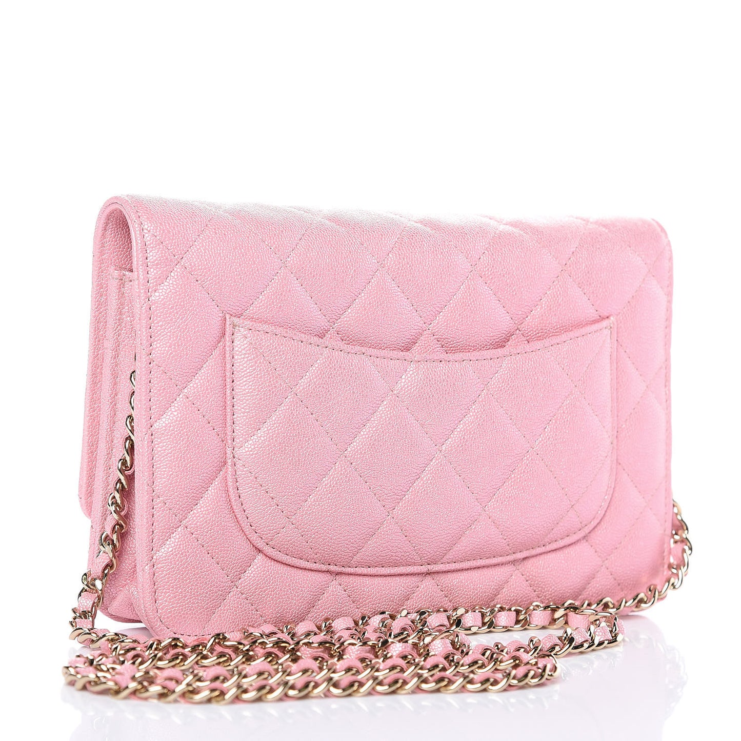 Iridescent Caviar Quilted Wallet on Chain WOC Rose Pink