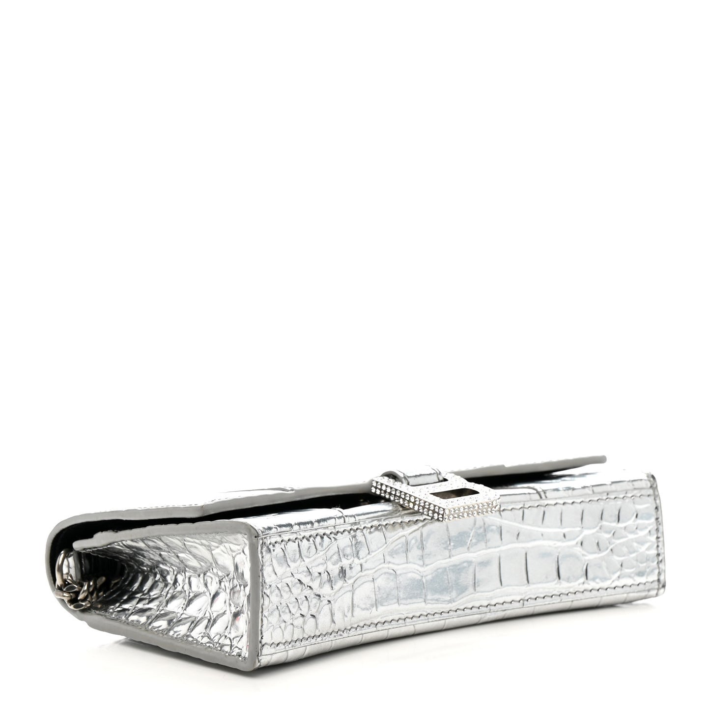 Metallic Calfskin Crocodile Embossed Hourglass Chain Bag Silver