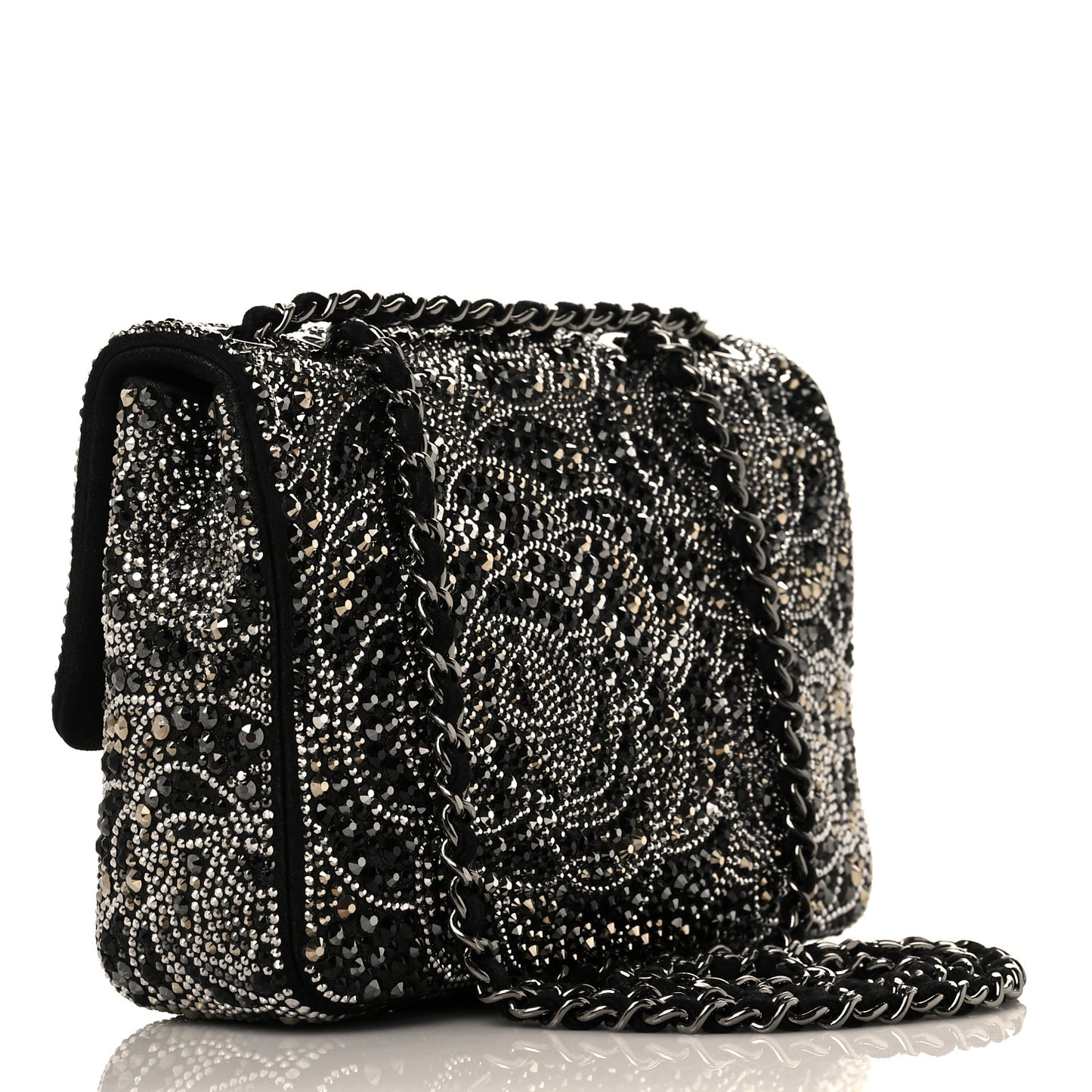 Suede Crystal Camellia Mini Rectangular Flap Black