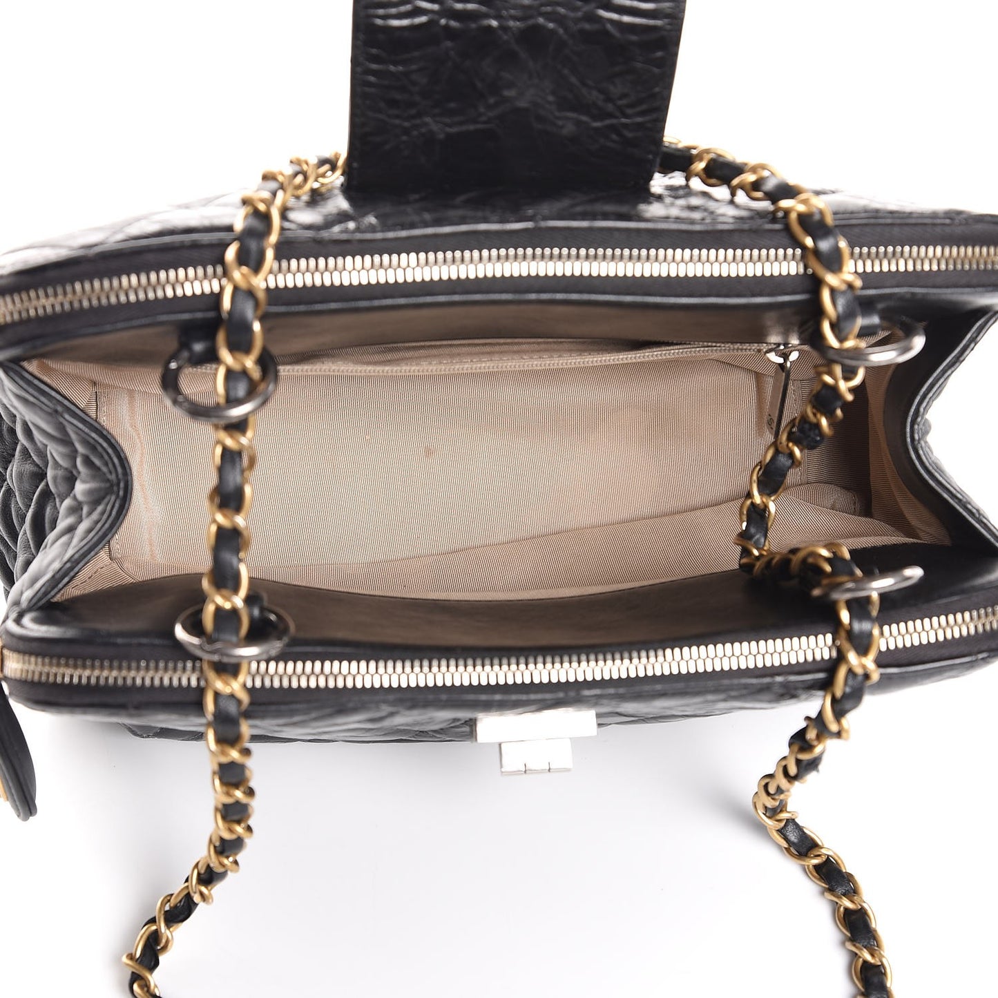 Glazed Calfskin Quilted Mademoiselle Tote Black