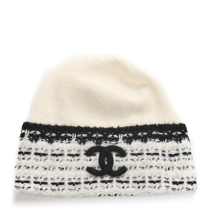 Chanel Wool Cashmere Stitched CC Beanie Hat Ivory Black 1 of 5