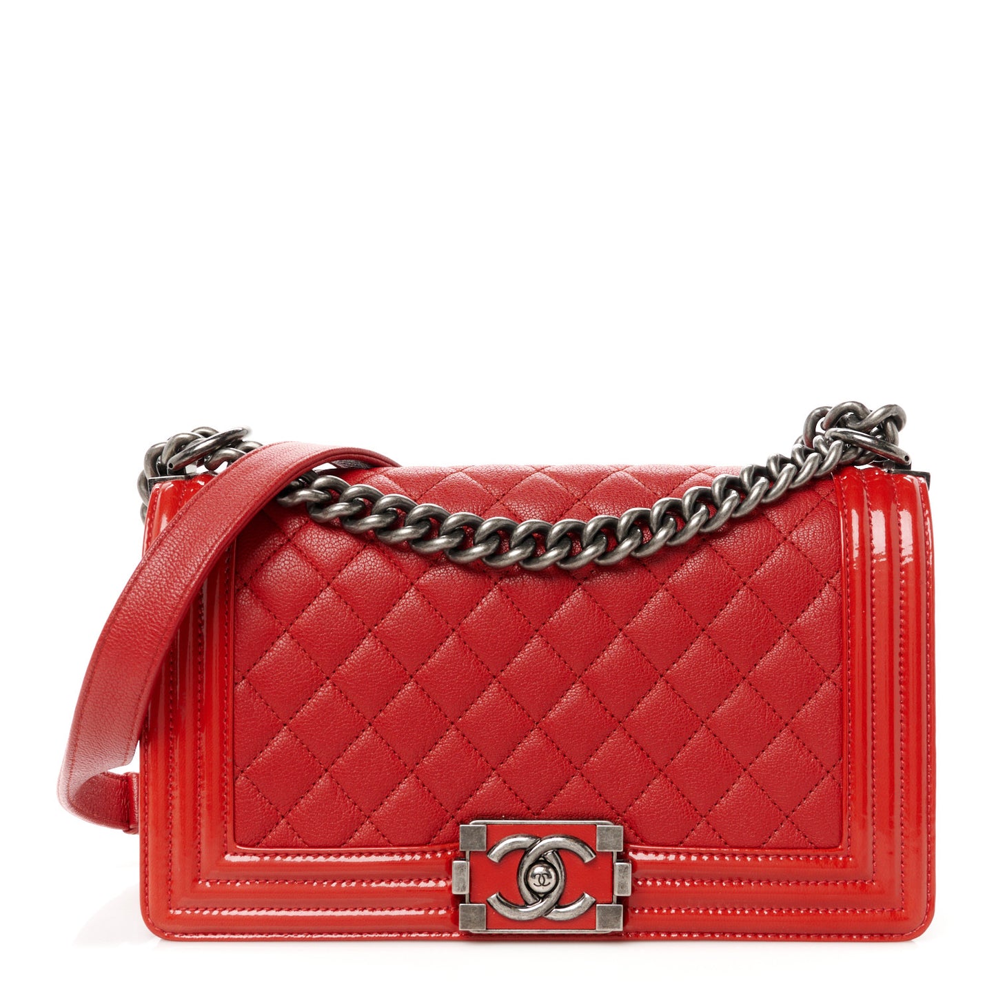 Goatskin Quilted Patent Medium Duo Boy Flap Red