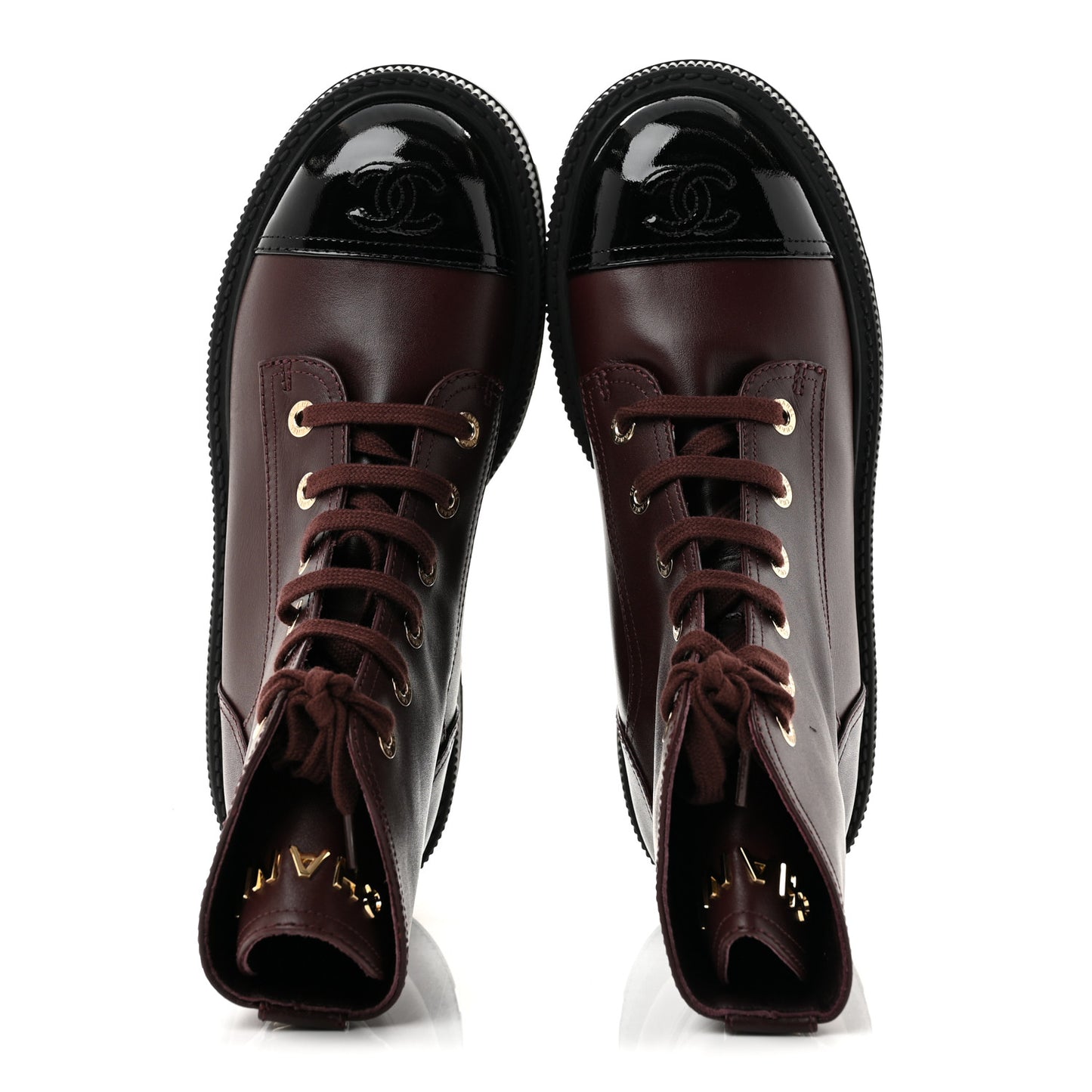 Calfskin Patent Calfskin CC Lace Up Combat Boots 40 Burgundy Black