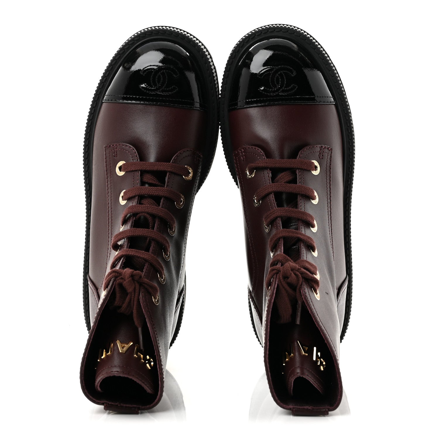 Chanel Calfskin Patent Calfskin CC Lace Up Combat Boots 40 Burgundy Black 2 of 10