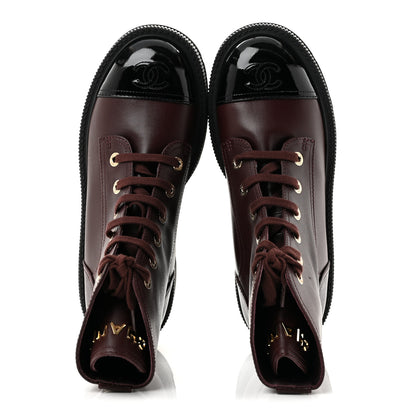 Chanel Calfskin Patent Calfskin CC Lace Up Combat Boots 40 Burgundy Black 2 of 10
