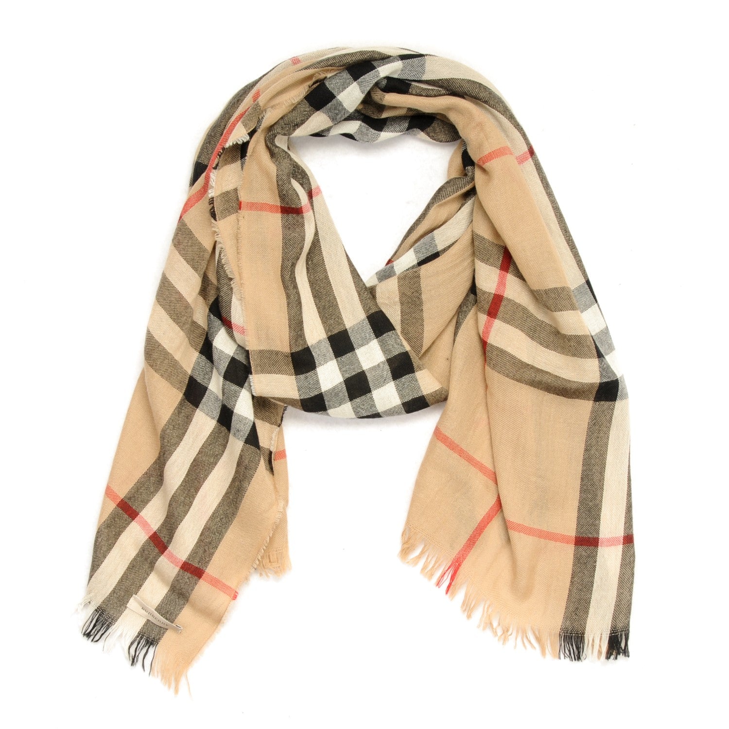 Burberry Merino Wool Cashmere Giant Check Crinkle Scarf Camel 1 of 10