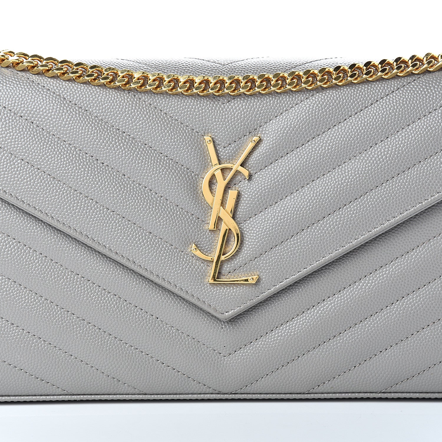 Saint Laurent Grain De Poudre Matelasse Chevron Monogram Chain Wallet Oyster Grey 8 of 13
