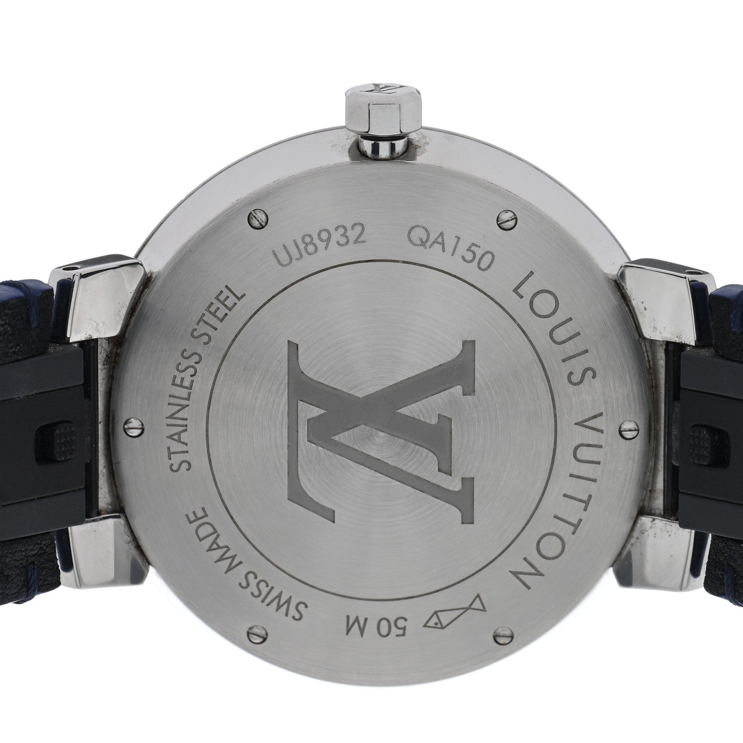 Louis Vuitton Stainless Steel Monogram 38mm Tambour Slim Quartz Watch Blue 4 of 4