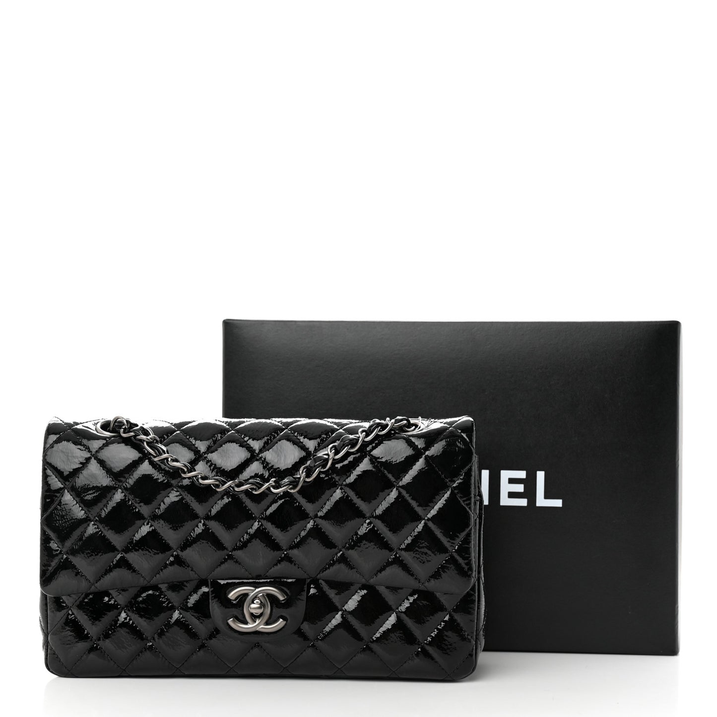 Crumpled Patent Quilted Medium Double Flap Black
