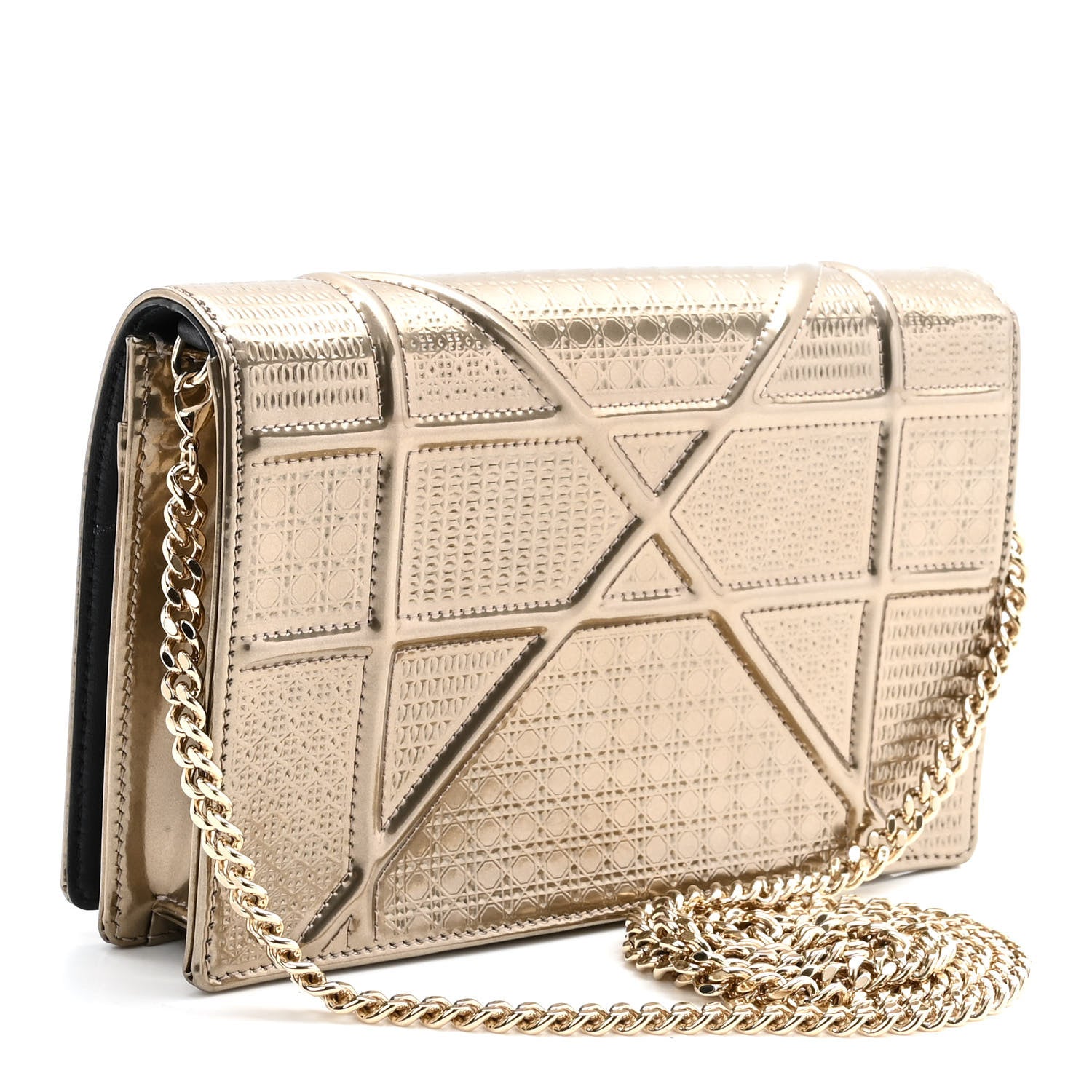 Christian Dior Metallic Patent Micro-Cannage Diorama Wallet on Chain Pouch Gold 3 of 9