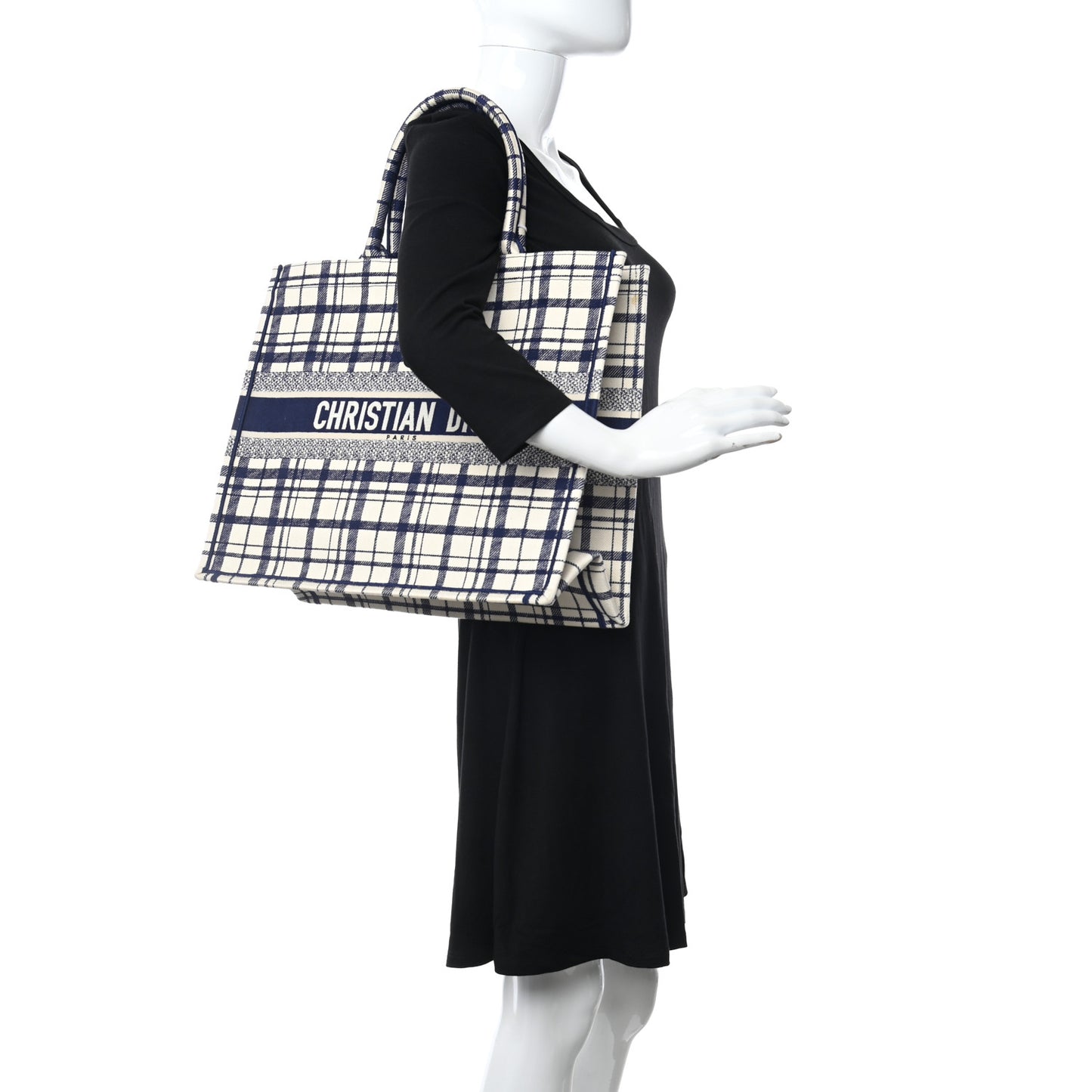 Canvas Embroidered Large Plaid Book Tote Navy
