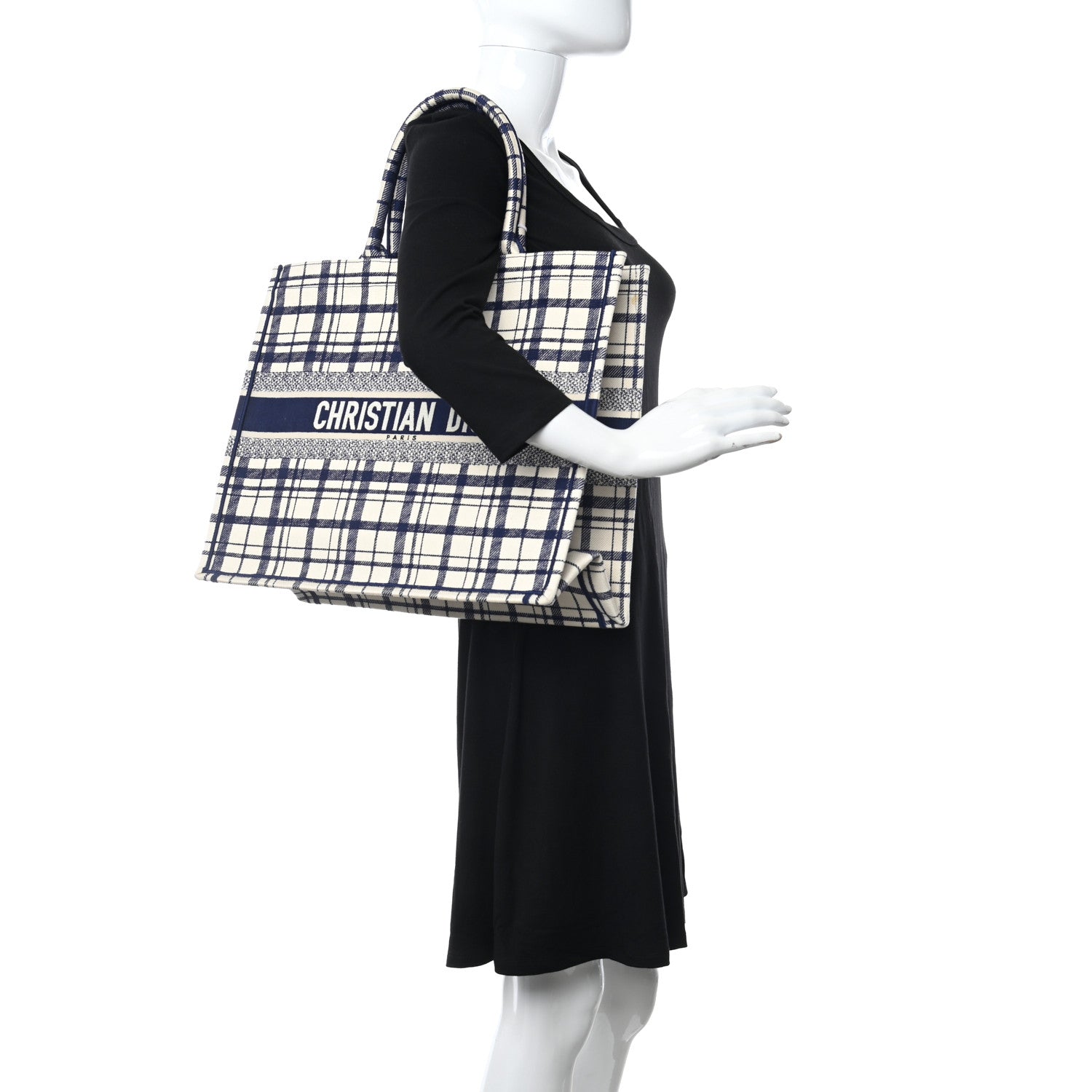 Christian Dior Canvas Embroidered Large Plaid Book Tote Navy 2 of 10