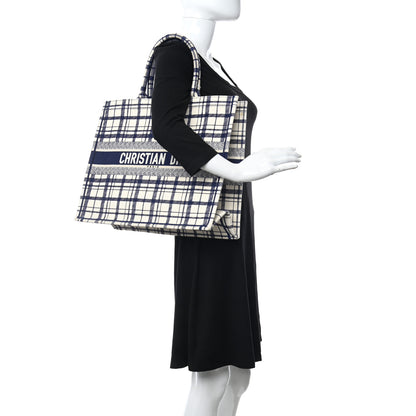 Christian Dior Canvas Embroidered Large Plaid Book Tote Navy 2 of 10