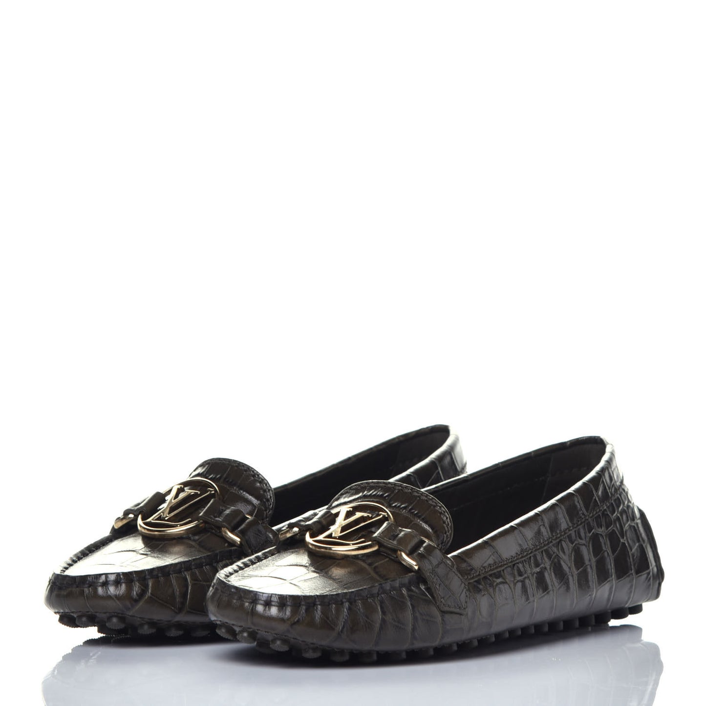 Calfskin Crocodile Embossed Dauphine Loafers 36.5 Green