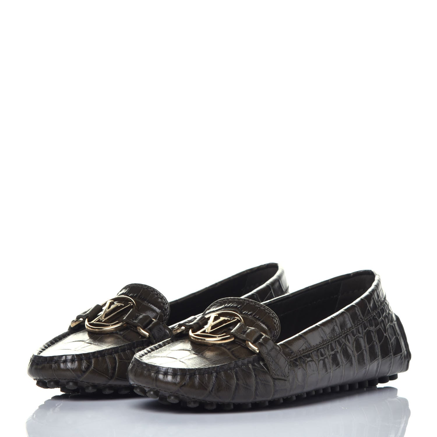Louis Vuitton Calfskin Crocodile Embossed Dauphine Loafers 36.5 Green 3 of 8