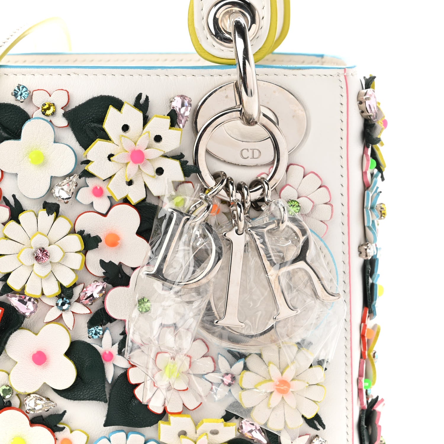 Christian Dior Calfskin Beaded Floral Embroidered Mini Lady Dior White Multicolor 7 of 9