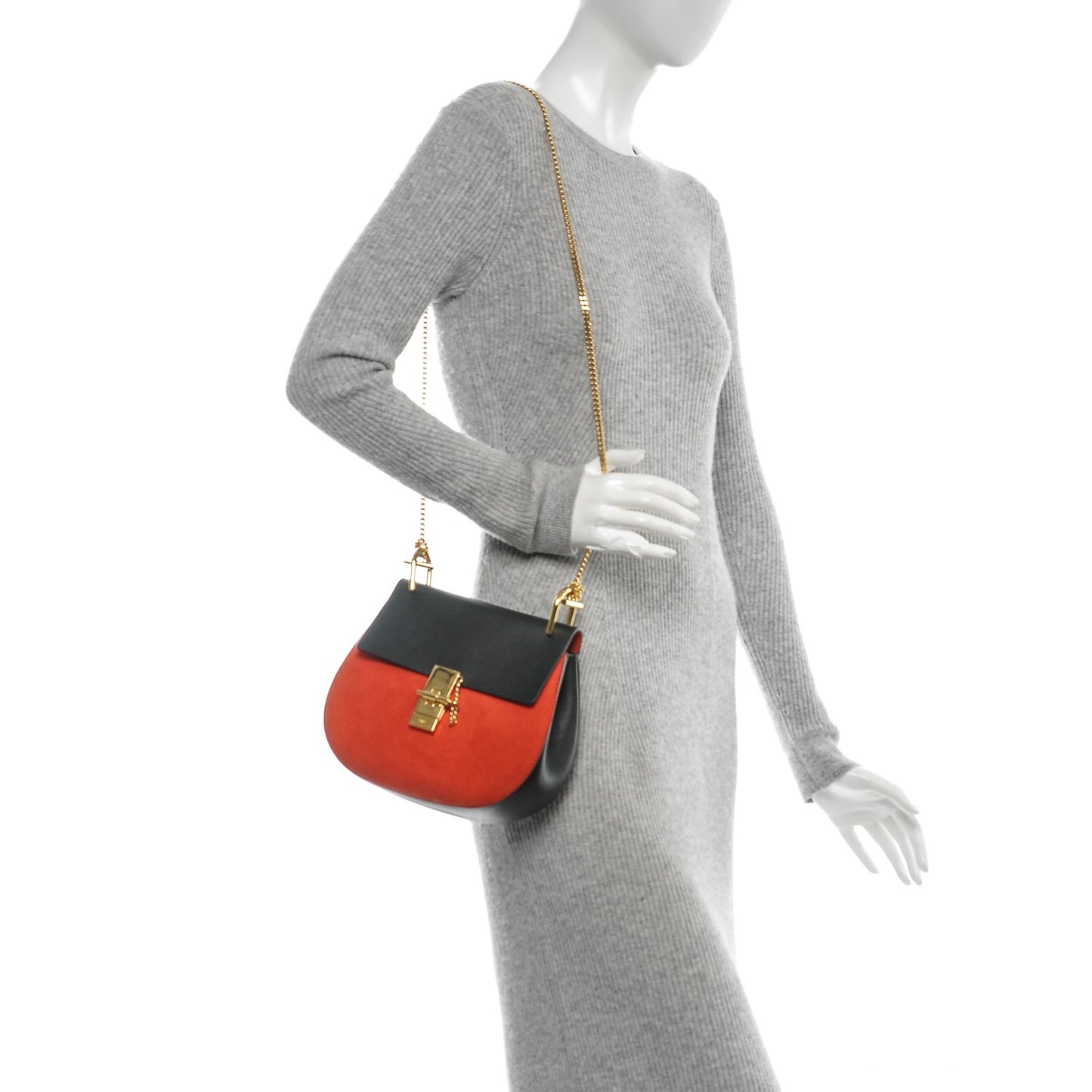 Suede Smooth Calfskin Drew Shoulder Bag Plaid Red Black