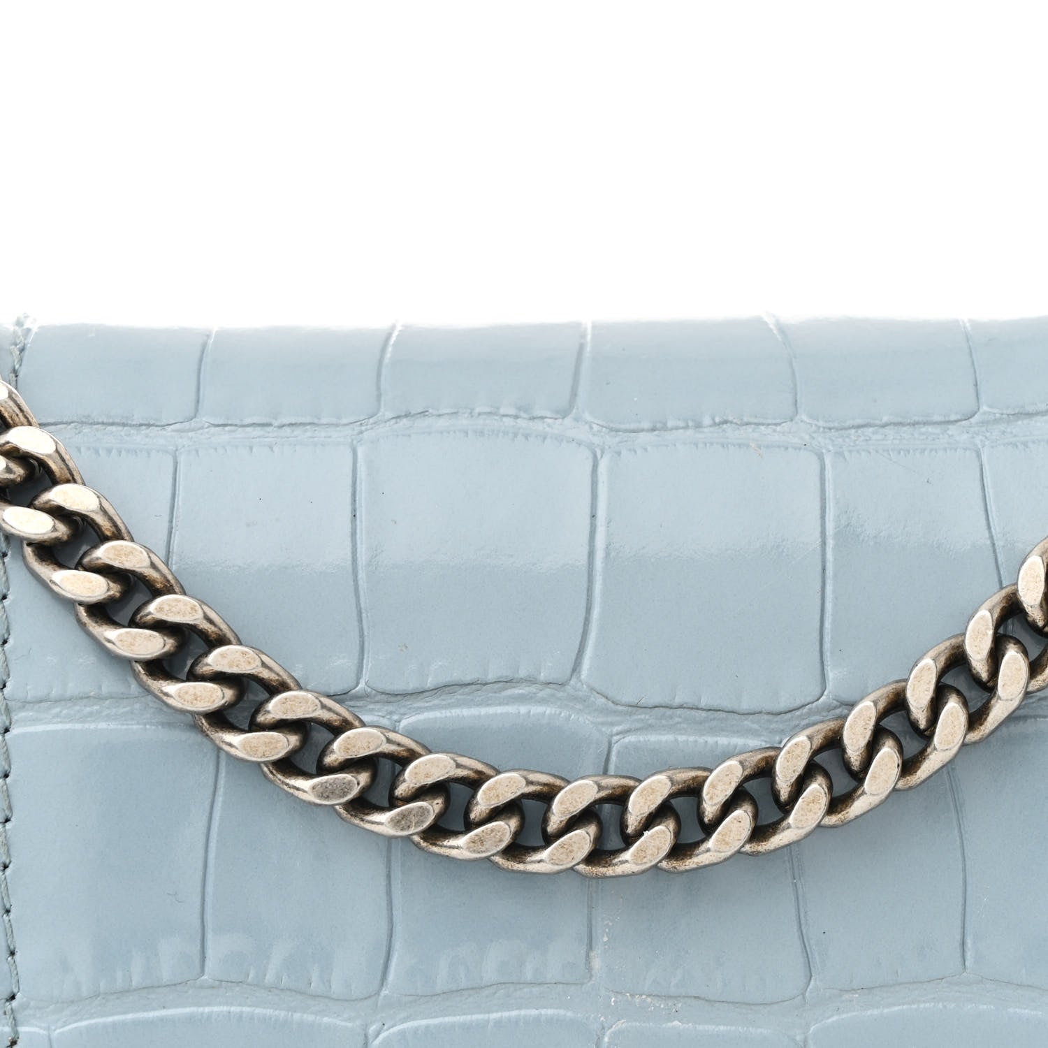 Balenciaga Shiny Calfskin Crocodile Embossed Hourglass Chain Bag Blue Grey 9 of 11