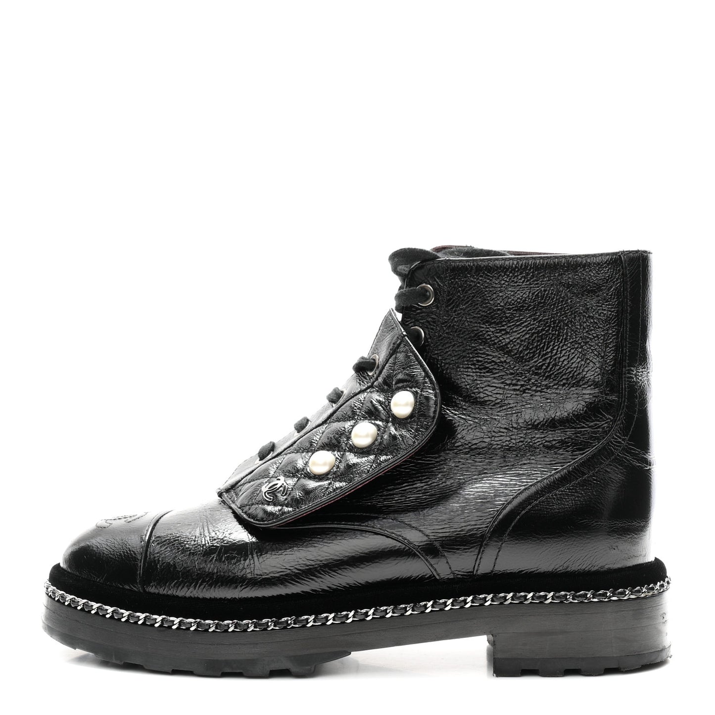 Crackled Calfskin Velvet Pearl Combat Short Boots 38 Black