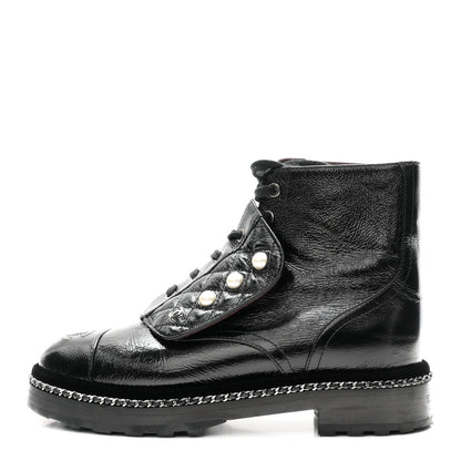 Chanel Crackled Calfskin Velvet Pearl Combat Short Boots 38 Black 1 of 10