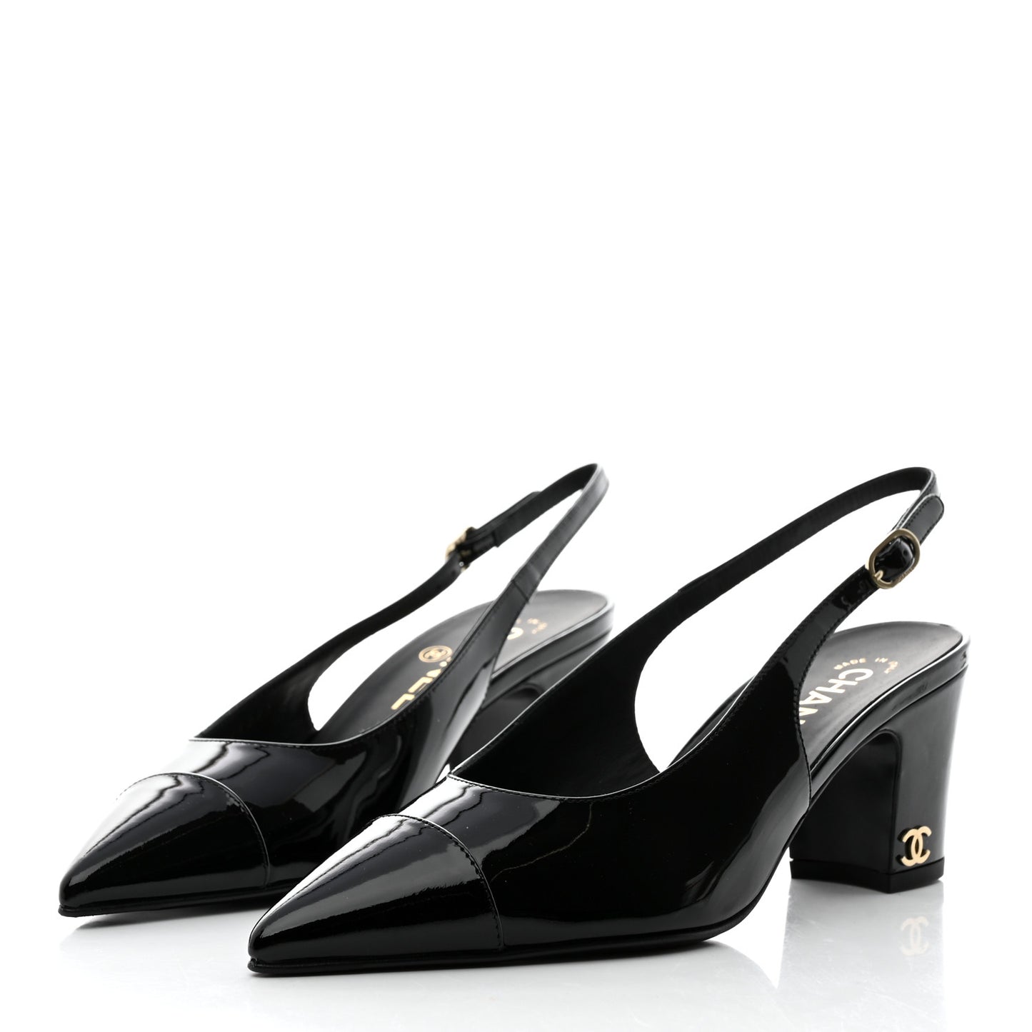 Patent Calfskin Cap Toe CC Slingback Pumps 37.5 Black