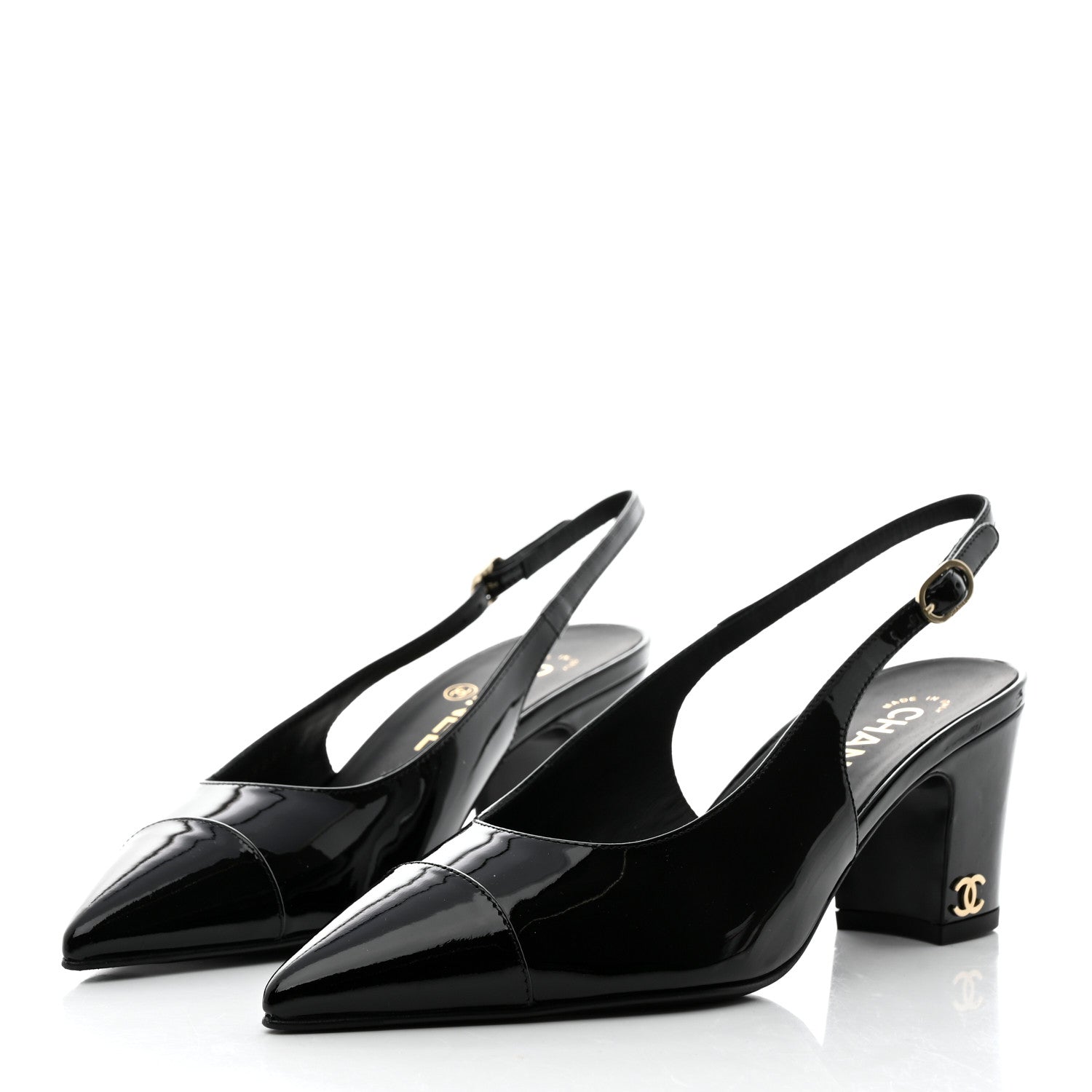 Chanel Patent Calfskin Cap Toe CC Slingback Pumps 37.5 Black 3 of 9