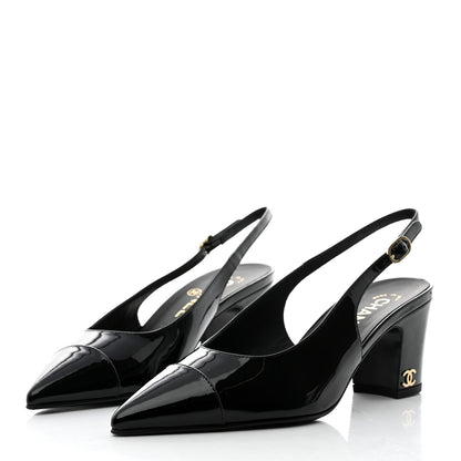 Chanel Patent Calfskin Cap Toe CC Slingback Pumps 37.5 Black 3 of 9