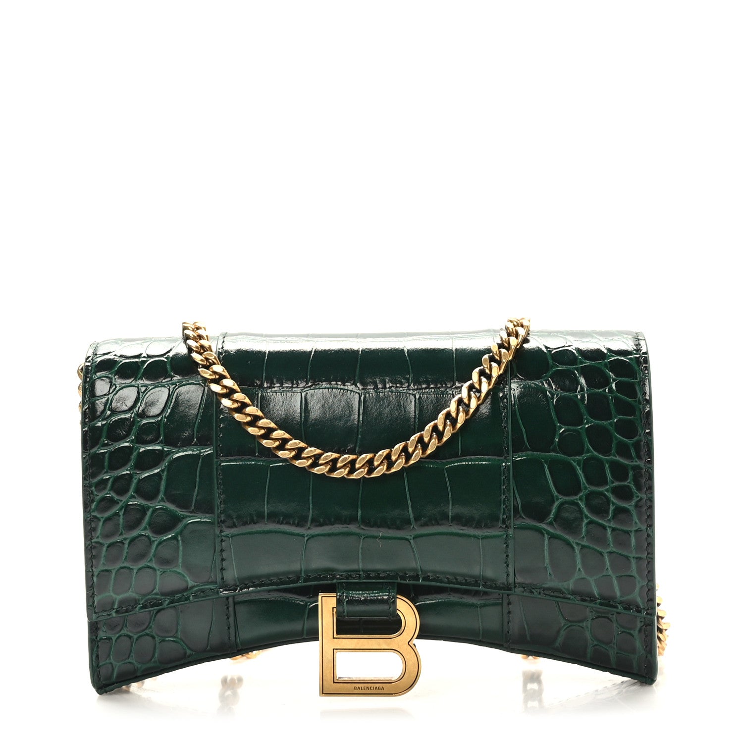 Balenciaga Shiny Calfskin Crocodile Embossed Hourglass Chain Bag Forest Green 1 of 9