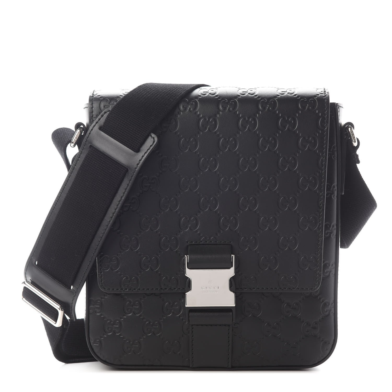 Gucci Guccissima Signature Single Buckle Flap Messenger Bag Black 1 of 9