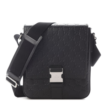 Gucci Guccissima Signature Single Buckle Flap Messenger Bag Black 1 of 9