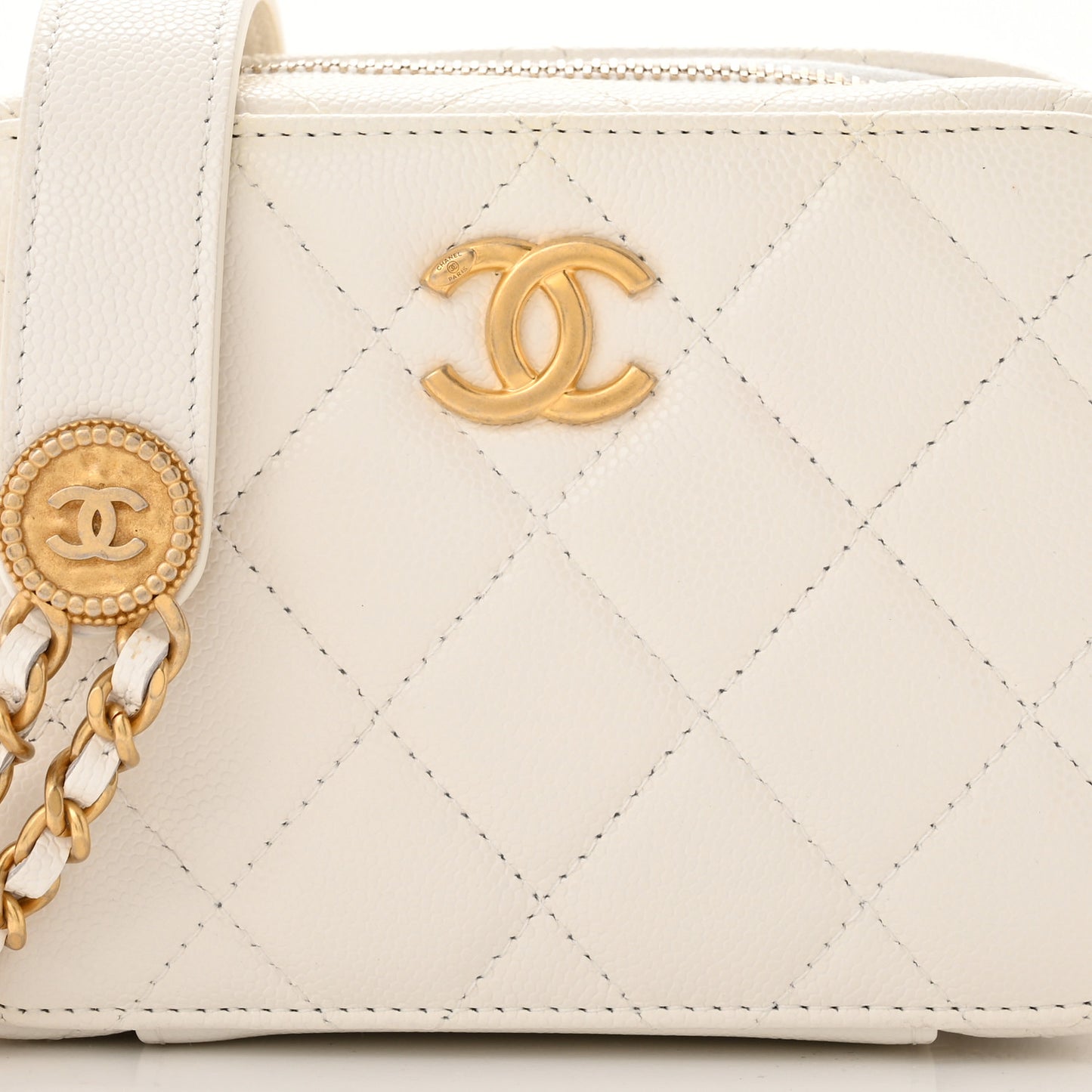 Caviar Quilted Twist Your Buttons Clutch With Chain White