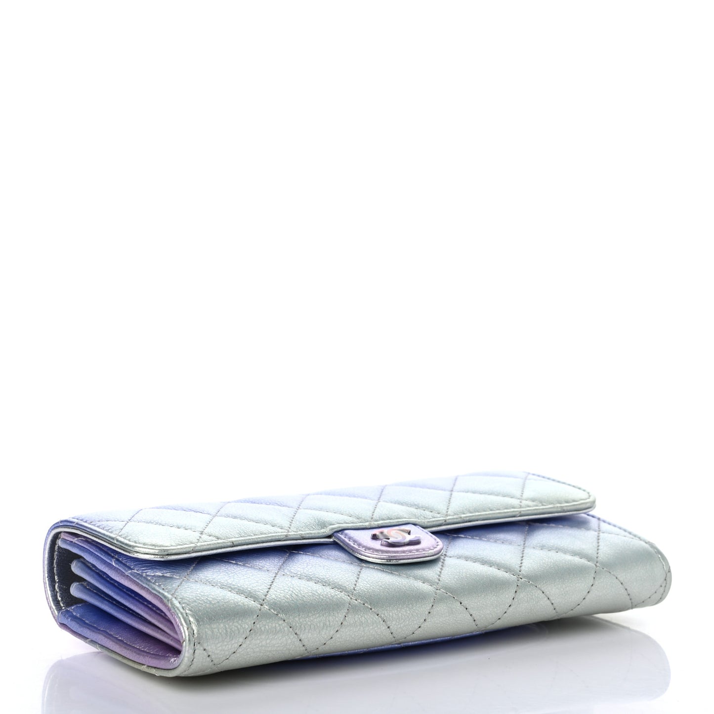 Gradient Metallic Calfskin Quilted Large Gusset Flap Wallet Silver Blue Yellow Purple