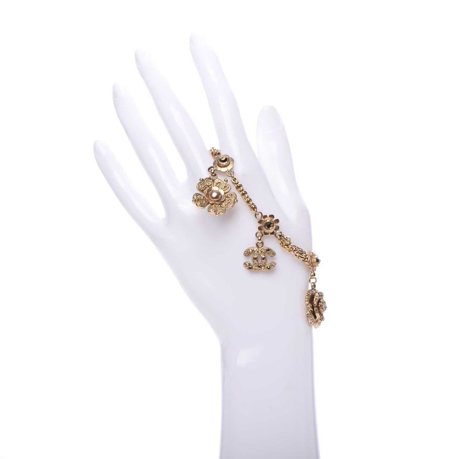 Chanel Crystal Pearl Camellia CC Charm Bracelet Gold 2 of 5