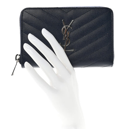 Saint Laurent Grain De Poudre Matelasse Chevron Monogram Small Zip Around Wallet Deep Marine 2 of 7
